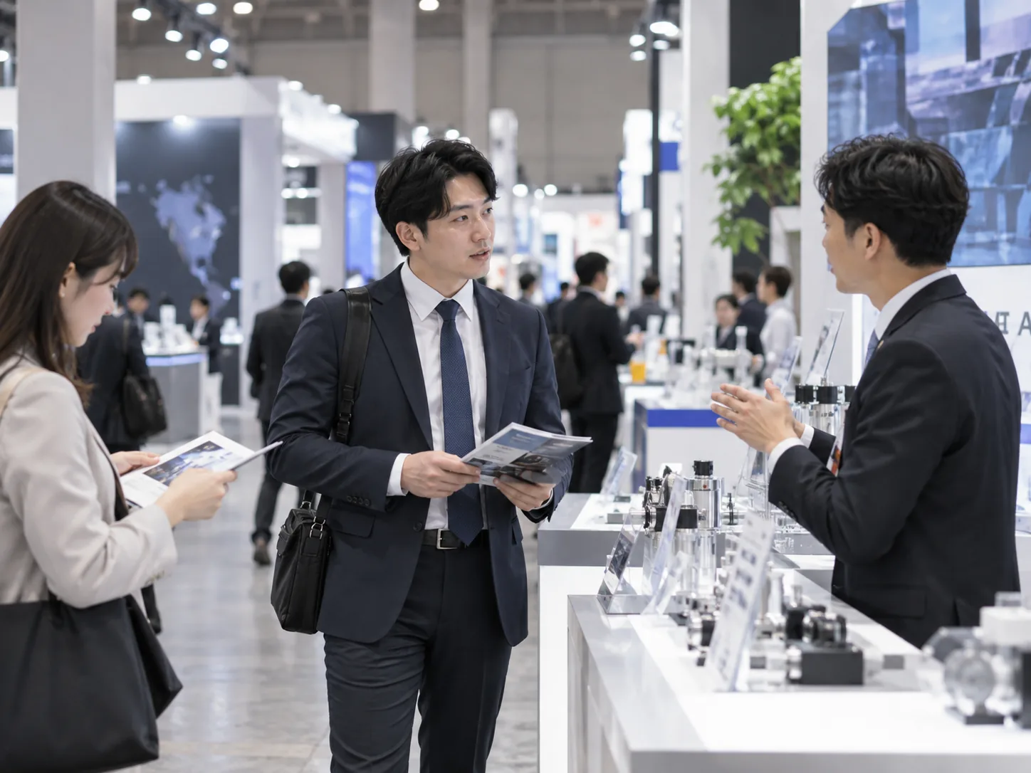 Business discussion at an industrial trade show in Korea